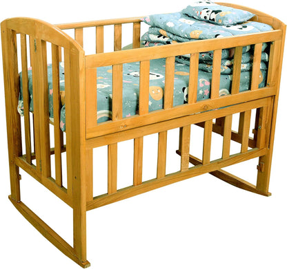 Beech Wood Baby Bed 3 Levels Side Opening for Easy Attachment for Mom Bed Comes with Free Gift Mattress + 4 Piece Fiber Sides Sheet Pillow