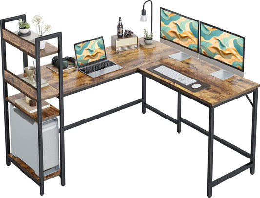 CubiCubi L Shaped Desk, 51.1 Inch Computer Corner Desk with Hutch, Storage Shelves, Writing Gaming Study Desk with Bookshelf, Rustic Brown