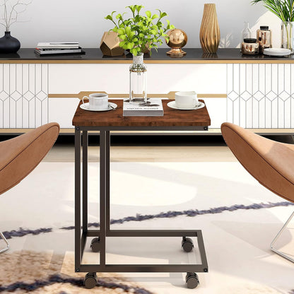 HAHRIR Coffee Table,Sofa Side Table with Wheels,C Shaped Snack Table Wood Finish Metal Construction ?Black+Brown?