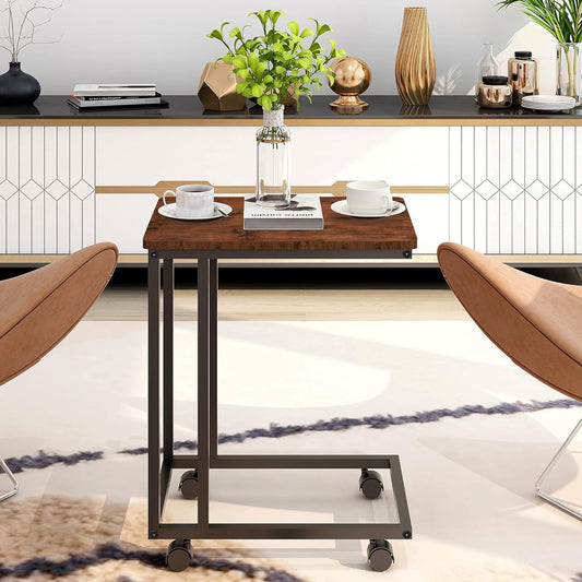 HAHRIR Coffee Table,Sofa Side Table with Wheels,C Shaped Snack Table Wood Finish Metal Construction ?Black+Brown?