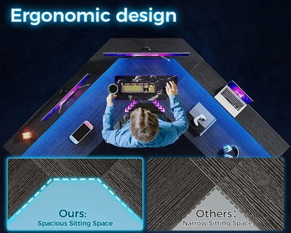 Coleshome L Shaped Gaming Desk with LED Lights & Power Outlets, Reversible 56" Computer Desk with Full Monitor Stand & Storage Shelves, Ergonomic Home Office Corner Desk, Black