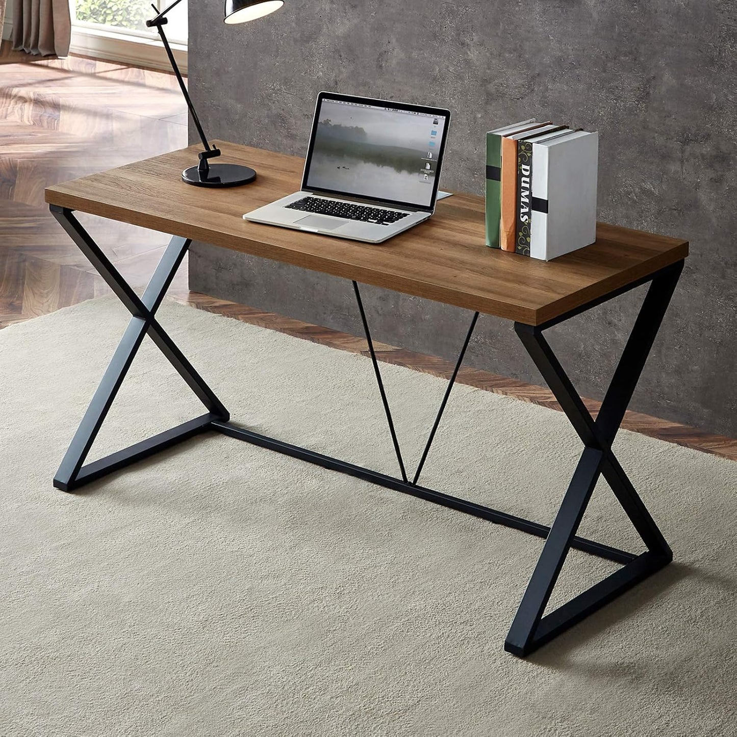 dyh Computer Desk, Rustic Wood and Metal X Writing Desk, Wood Table for Home Office, 55 inch