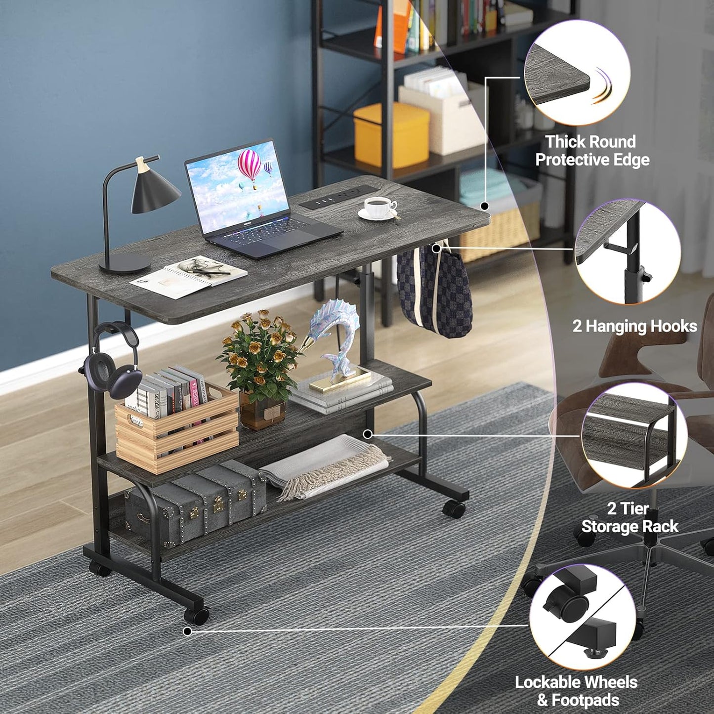 Height Adjustable Standing Desk with Power Outlets, 32" Manual Stand Up Desk with Storage Shelves Small Mobile Rolling Computer Desk Portable Laptop Table with Wheels for Home Office
