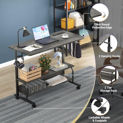 Height Adjustable Standing Desk with Power Outlets, 32" Manual Stand Up Desk with Storage Shelves Small Mobile Rolling Computer Desk Portable Laptop Table with Wheels for Home Office