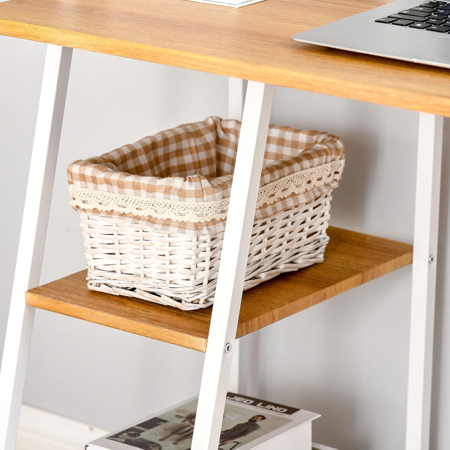 HOMCOM Home Office Computer Desk with 3-Tier Storage Shelves Study Writing Table Workstation for Small Space Natural