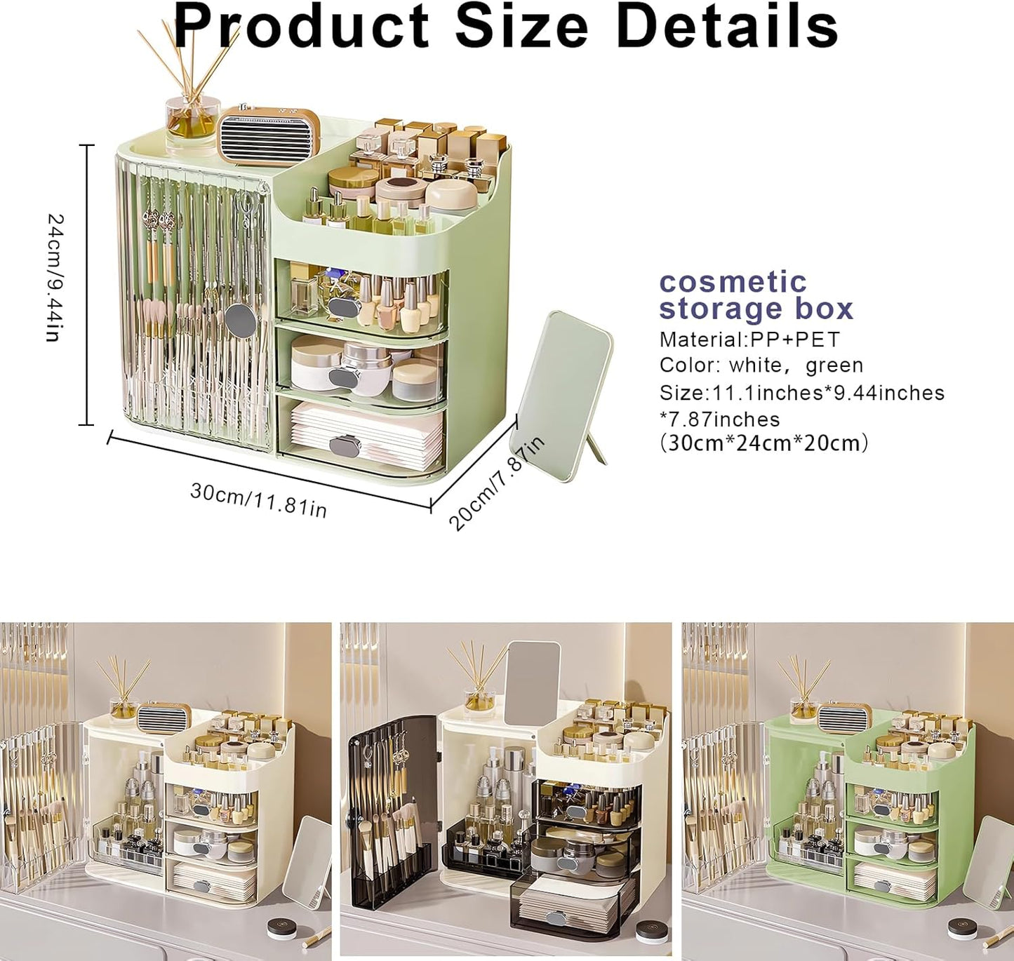 DASITON Makeup Organizer with Mirror,3 Drawers Storage Organizer,Makeup Brush Holder,Large Capacity Makeup Storage Box Skincare Organizers,Make up Organizers for Vanity,Bedroom,Countertop(Green)