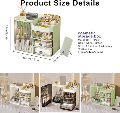 DASITON Makeup Organizer with Mirror,3 Drawers Storage Organizer,Makeup Brush Holder,Large Capacity Makeup Storage Box Skincare Organizers,Make up Organizers for Vanity,Bedroom,Countertop(Green)