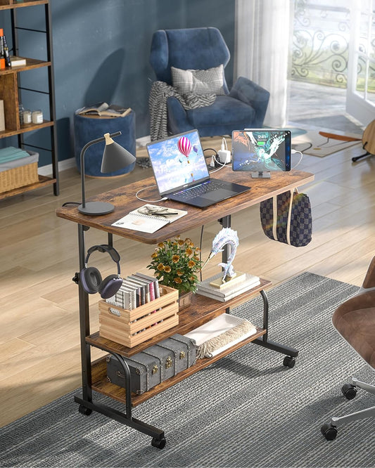 armocity Height Adjustable Standing Desk with Power Outlets, 32" Manual Stand Up Desk with Storage Shelves Small Mobile Rolling Computer Desk Portable Laptop Table with Wheels for Home Office, Rustic