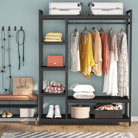 LITTLE TREE Free-standing Closet Organizer, Heavy Duty Clothes Closet, Portable Garment Rack with 6-tier Shelves and Hanging rod, Black Metal Frame & White Board (Black&black)