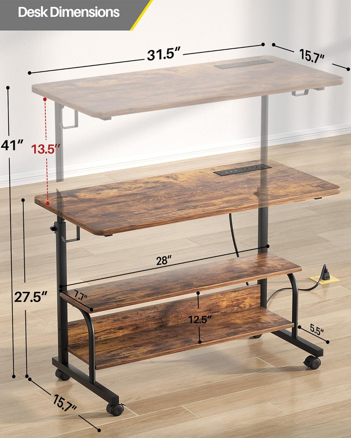 armocity Height Adjustable Standing Desk with Power Outlets, 32" Manual Stand Up Desk with Storage Shelves Small Mobile Rolling Computer Desk Portable Laptop Table with Wheels for Home Office, Rustic