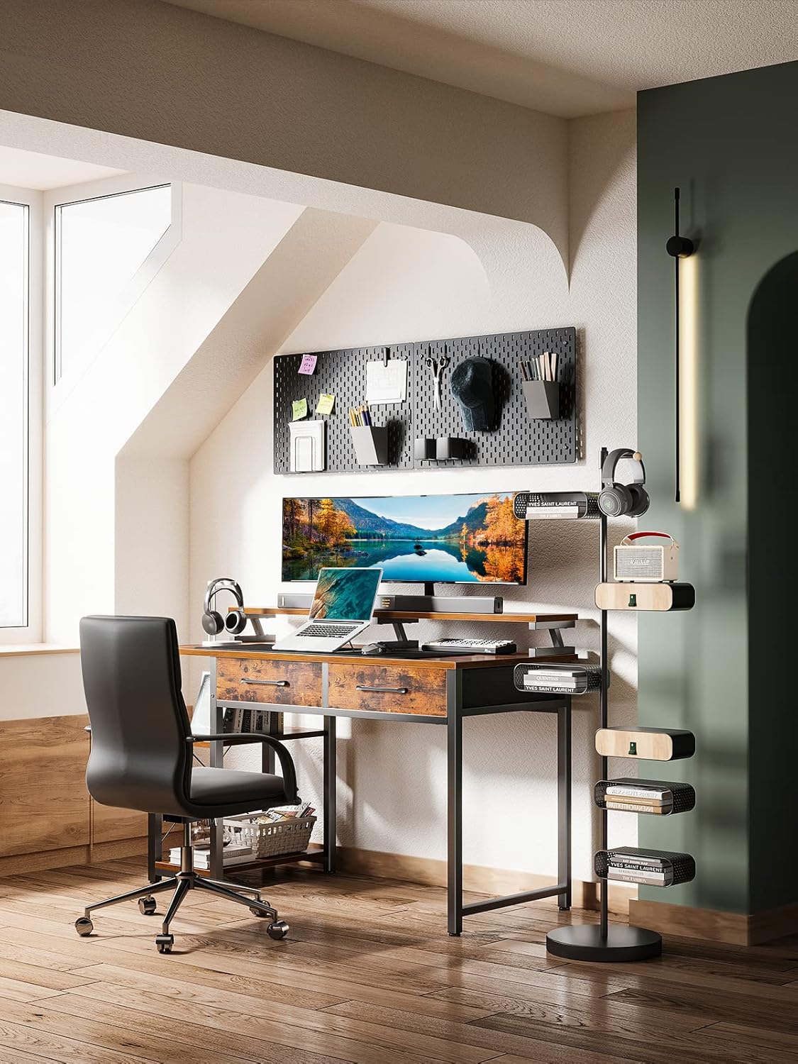 ODK Computer Desk 40" Table: Office Desk with Drawers & Wood Storage Shelves, Home Work Writing Desk & Large Space Monitor Stand, Rustic Brown