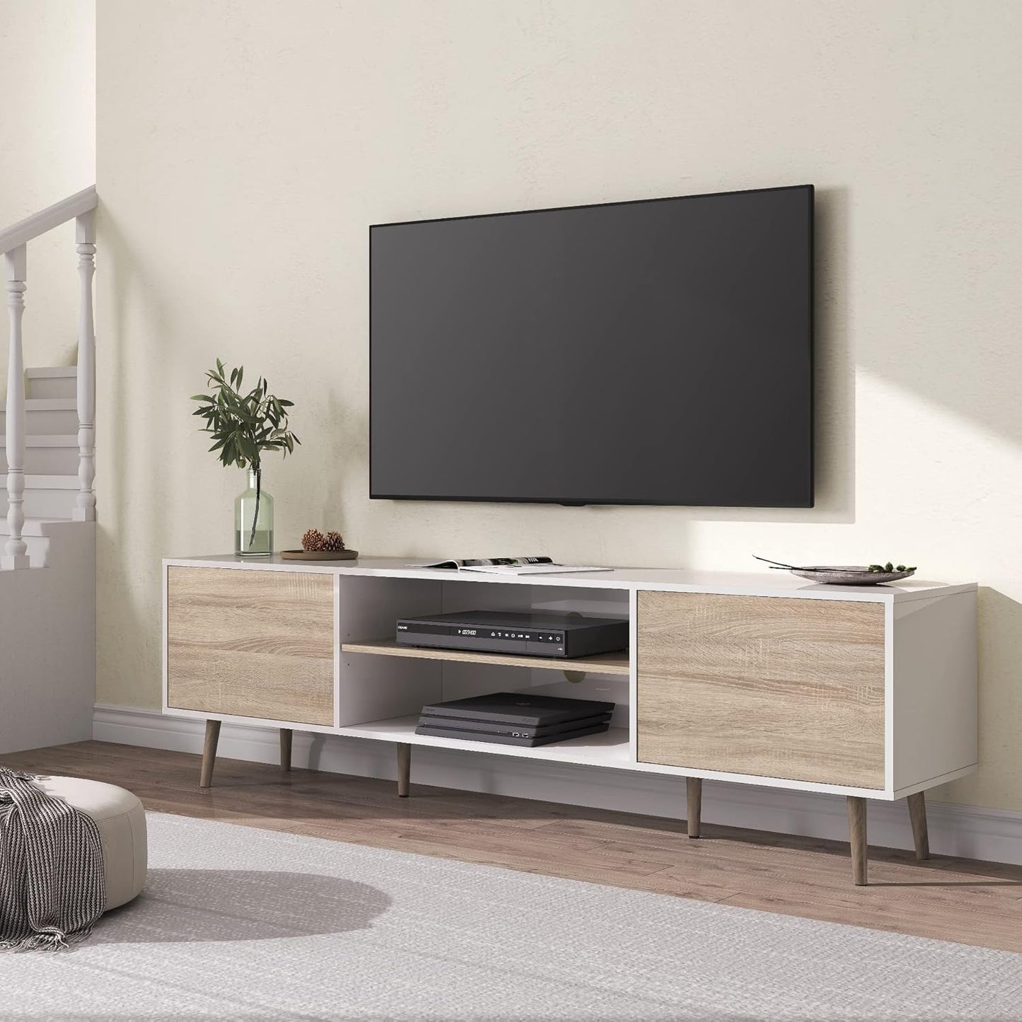WAMPAT Mid-Century Modern TV Stand for TVs up to 75 inch Flat Screen Wood TV Console Media Cabinet with Storage Shelf, Home Entertainment Center with Doors in White&Oak for Living Room Bedroom, 70"