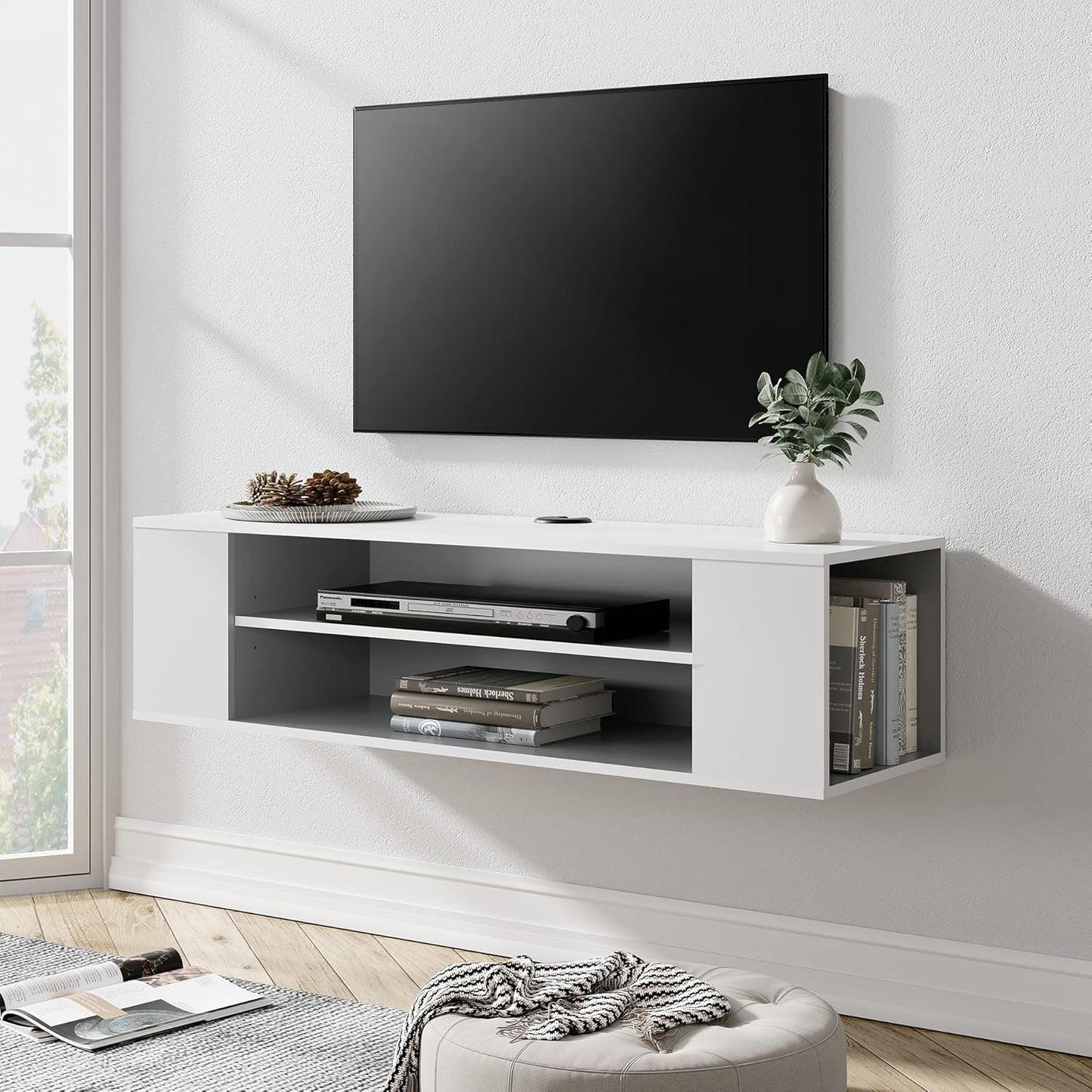 WAMPAT White Floating TV Stand Wall Mounted Shelf Entertainment Center Wood Media Console Storage TV Cabinet Hutch Under TV Desk for Living Room,White,39 Inch