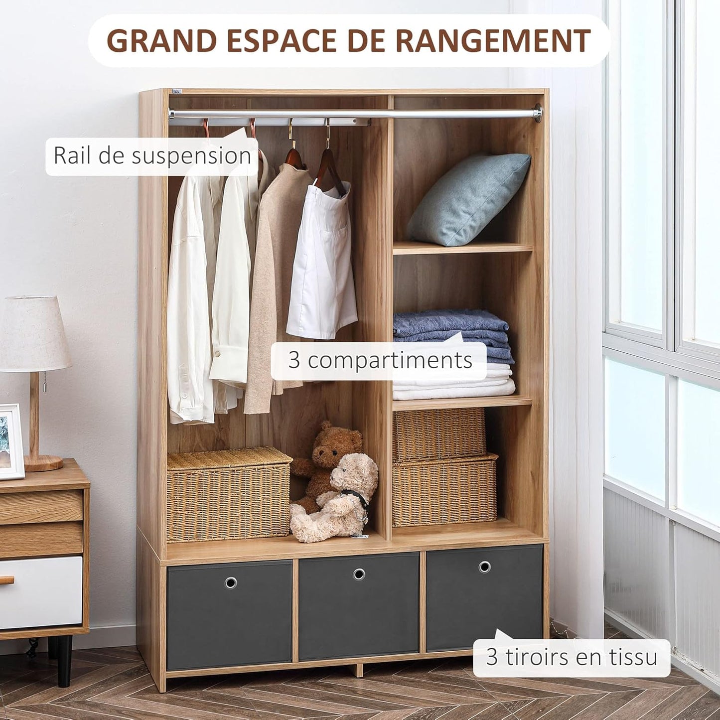 HOMCOM Wardrobe Storage with Rod Curtain 3 Removable Fabric Drawers 105 x 48 x 160 cm Natural