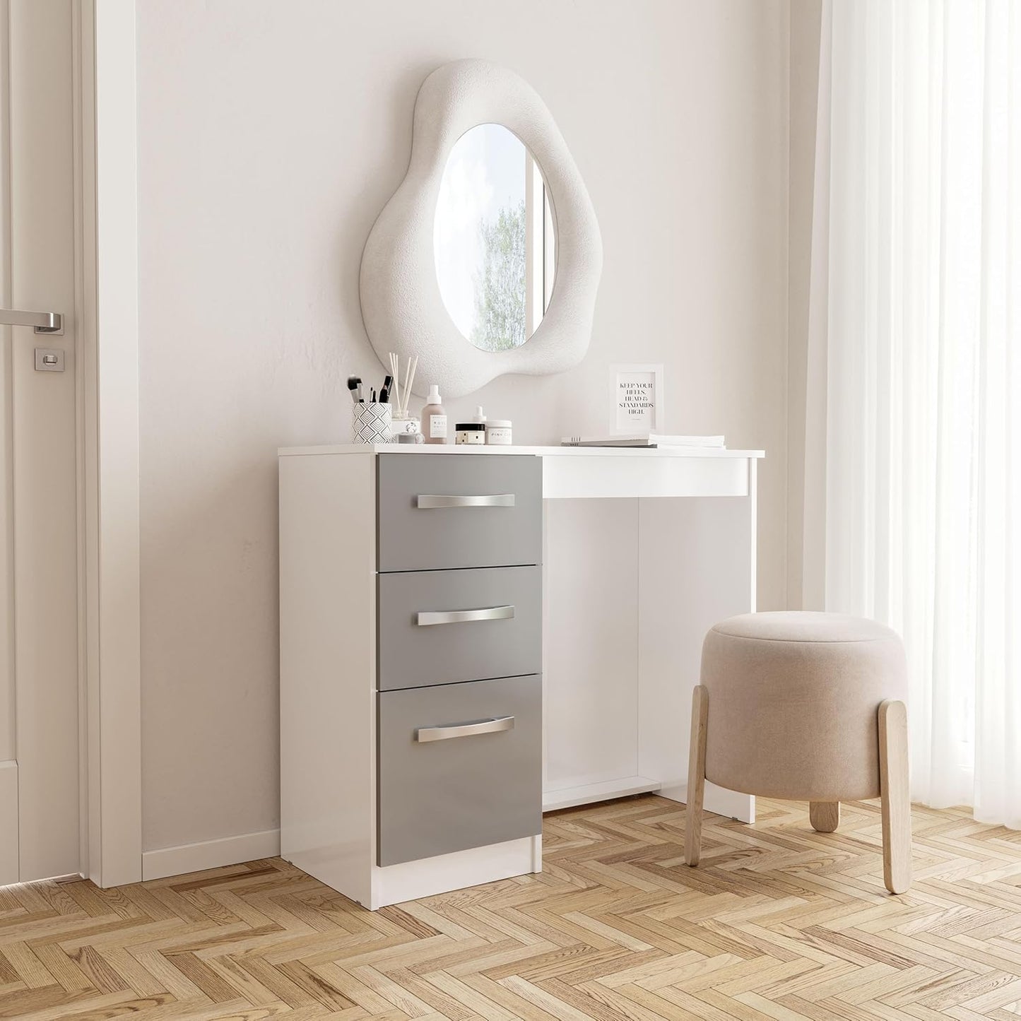 Birlea Lynx 3 Drawer Dressing Table High Gloss, White and Grey