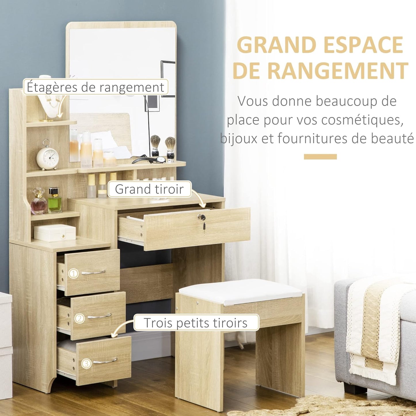 HOMCOM Dressing Table Makeup Table Set with Stool Padded Large Mirror + Multiple Open Shelves + 4 Drawers Natural Wood