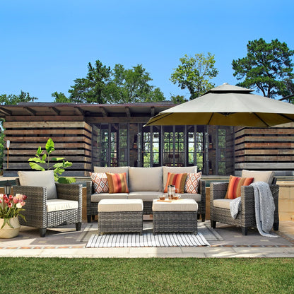 ovios Patio Furniture Set, 5 Pieces Outdoor Wicker Rattan Sofa Couch with Ottomans and Comfy Cushions, All Weather High Back Conversation Set for Backyard Porch Garden, Denim Blue