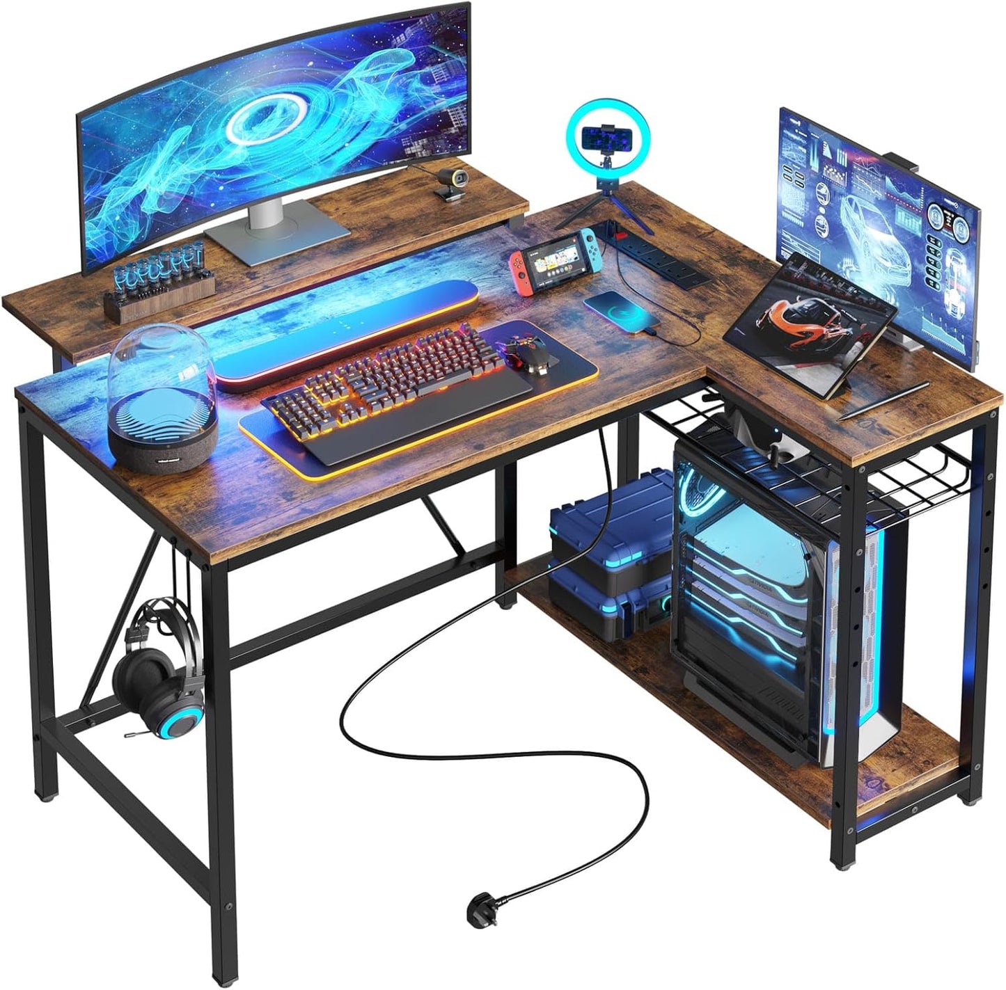 Bestier L-Shaped Gaming Desk with 3 Power Outlets & 2 USB Ports, 106.5cm Reversible Corner Desk with Carbon Fibre Surface, RGB LED Lights, Shelves & Hooks for Home Office or Small Spaces