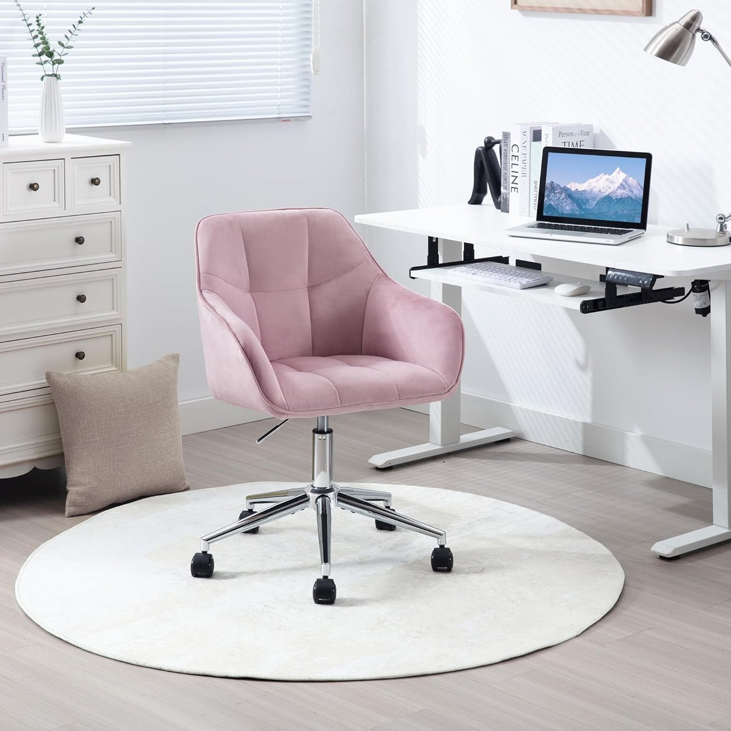 WOLTU Modern Pink Velvet Office Chair, Swivel & Roll, Height Adjustable, Up to 150 kg, with Armrests, for Office, Living Room, Bedroom