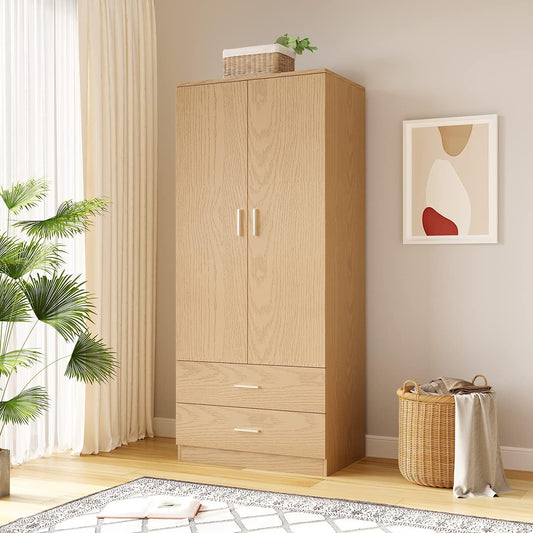 Panana 2 Door 2 Drawer Wardrobe with Hanging Rail Wooden Clothes Storage Cupboards Unit for Bedroom Furniture 76.8 * 50 * 180cm (New Oak Effect)