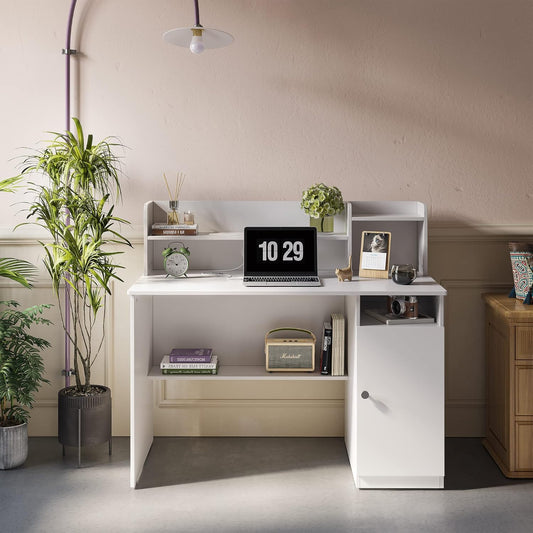 CubiCubi Computer Desk with Storage, 47 Inch Home Office Desk with Hutch and Shelves, Modern Writing Study Desk Work Table with Cabinet, White