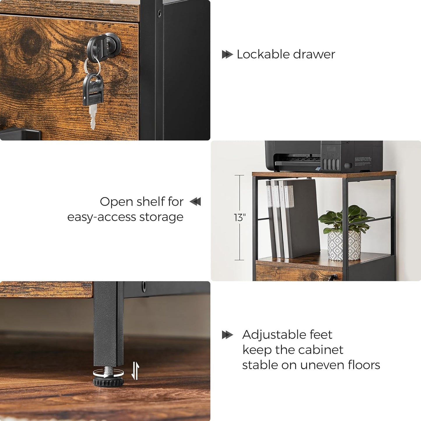 VASAGLE File Cabinet for Home Office, Filing Cabinet with 2 Drawers, Open Shelf, Steel Frame, A4 and Letter Sized Files, Printer Stand, Adjustable Feet, Industrial, Rustic Brown and Black UOFC045B01