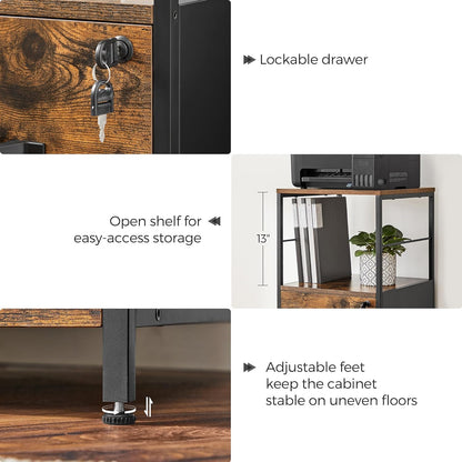 VASAGLE File Cabinet for Home Office, Filing Cabinet with 2 Drawers, Open Shelf, Steel Frame, A4 and Letter Sized Files, Printer Stand, Adjustable Feet, Industrial, Rustic Brown and Black UOFC045B01