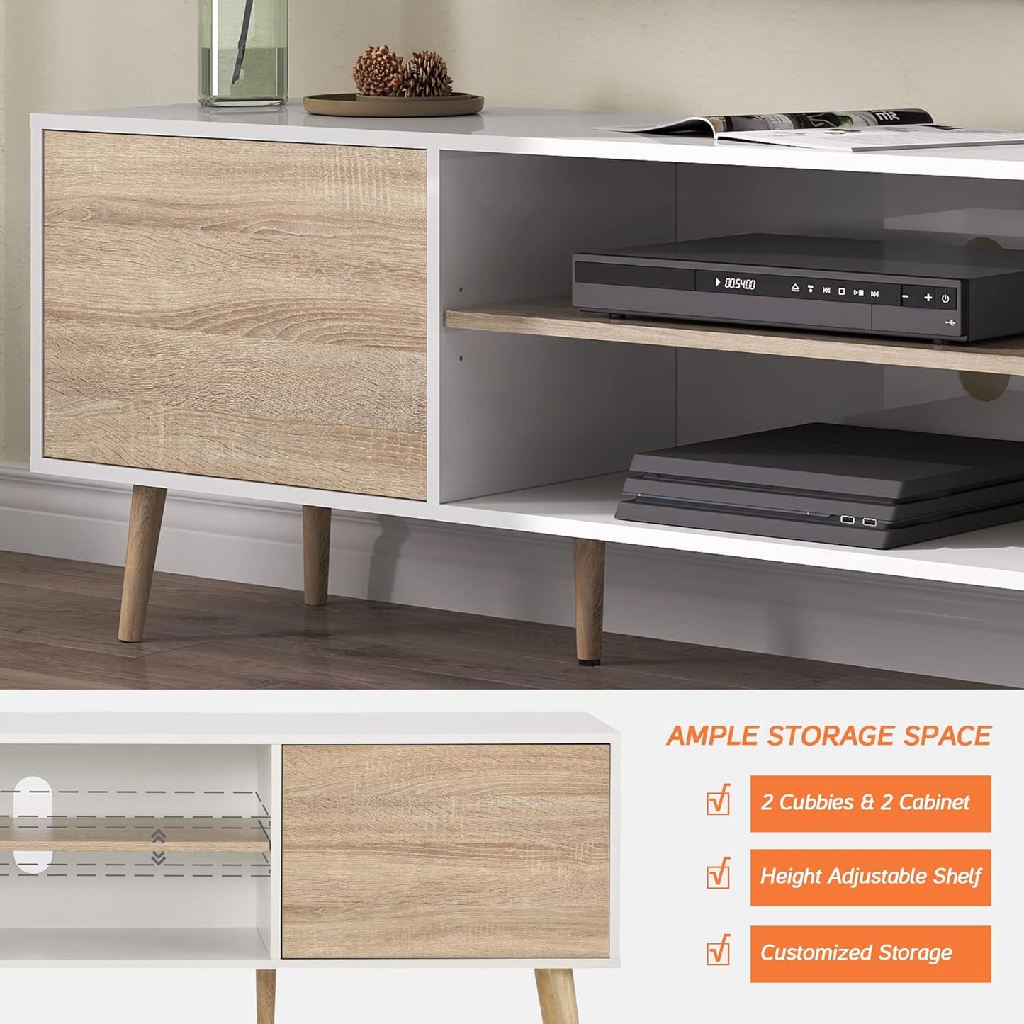 WAMPAT Mid-Century Modern TV Stand for TVs up to 75 inch Flat Screen Wood TV Console Media Cabinet with Storage Shelf, Home Entertainment Center with Doors in White&Oak for Living Room Bedroom, 70"