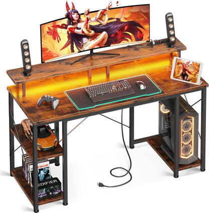 ODK 48 inch Gaming Desk with LED Lights & Power Outlets, Computer Desk with Monitor Stand & Storage Sheves, CPU Stand, Home Office Desk, Vintage