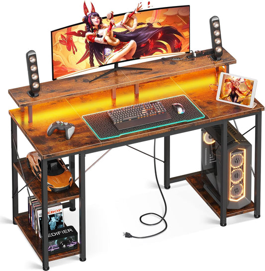 ODK 48 inch Gaming Desk with LED Lights, Computer Desk with Monitor Stand & Storage Sheves, CPU Stand, Home Office Desk, Black