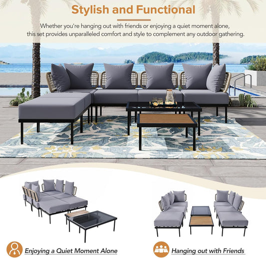 Ampela 8-Piece Patio Sectional Sofa Tempered Wooden & Glass 2 Coffee Table/2 Single Chairs/2 Ottomans/2 Corner Chairs,All-Weather Conversation Set for Outdoor Oasis,Garden,Patio,Poolside,Light Grey