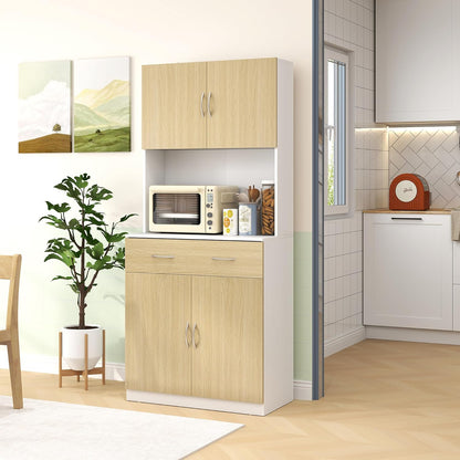 HOMCOM Kitchen Cupboard Kitchen Cabinet Kitchen Auxiliary Cabinet with Drawer Doors and Adjustable Anti-tip Shelves for Dining Room Living Room 80 x 40 x 180 cm Natural and White