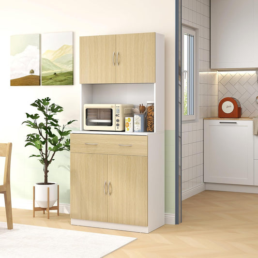 HOMCOM Kitchen Cupboard Kitchen Cabinet Kitchen Auxiliary Cabinet with Drawer Doors and Adjustable Anti-tip Shelves for Dining Room Living Room 80 x 40 x 180 cm Natural and White