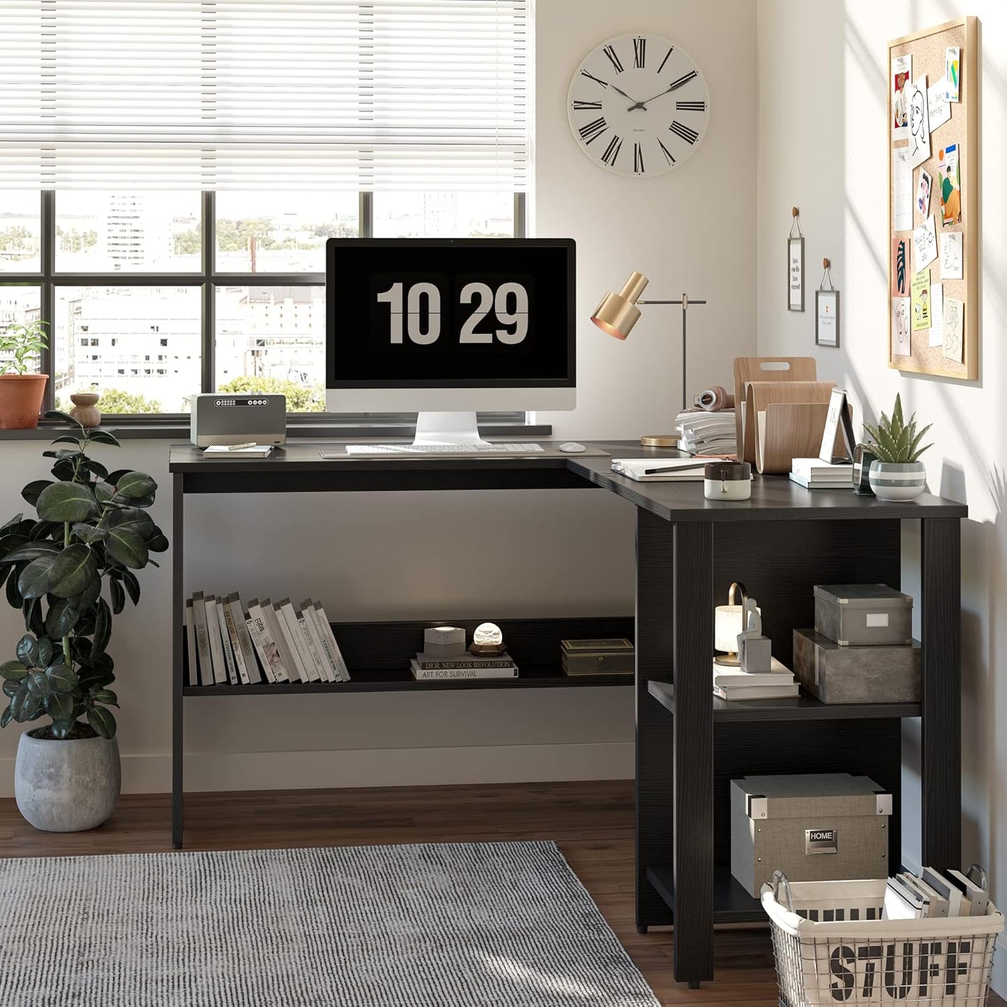 CubiCubi L Shaped Desk, 54.3 Inch Corner Computer Desk with Storage Shelves, Home Office Workstation for Study or Working, Black
