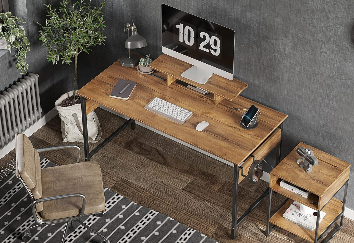 CubiCubi Small Computer Desk 40" Home Office Desk with Storage Table, Modern Writing Style PC Table with Mobile Phone Bracket and Hooks, Fir