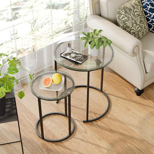 Azheruol Nesting Coffee Table Set of 2,Modern Black Tempered Glass Side Table, Metal Frame Round End Table.Small Glass Tea Table for Living Room,Bedroom Studio Apartment Essentials? 23.2In