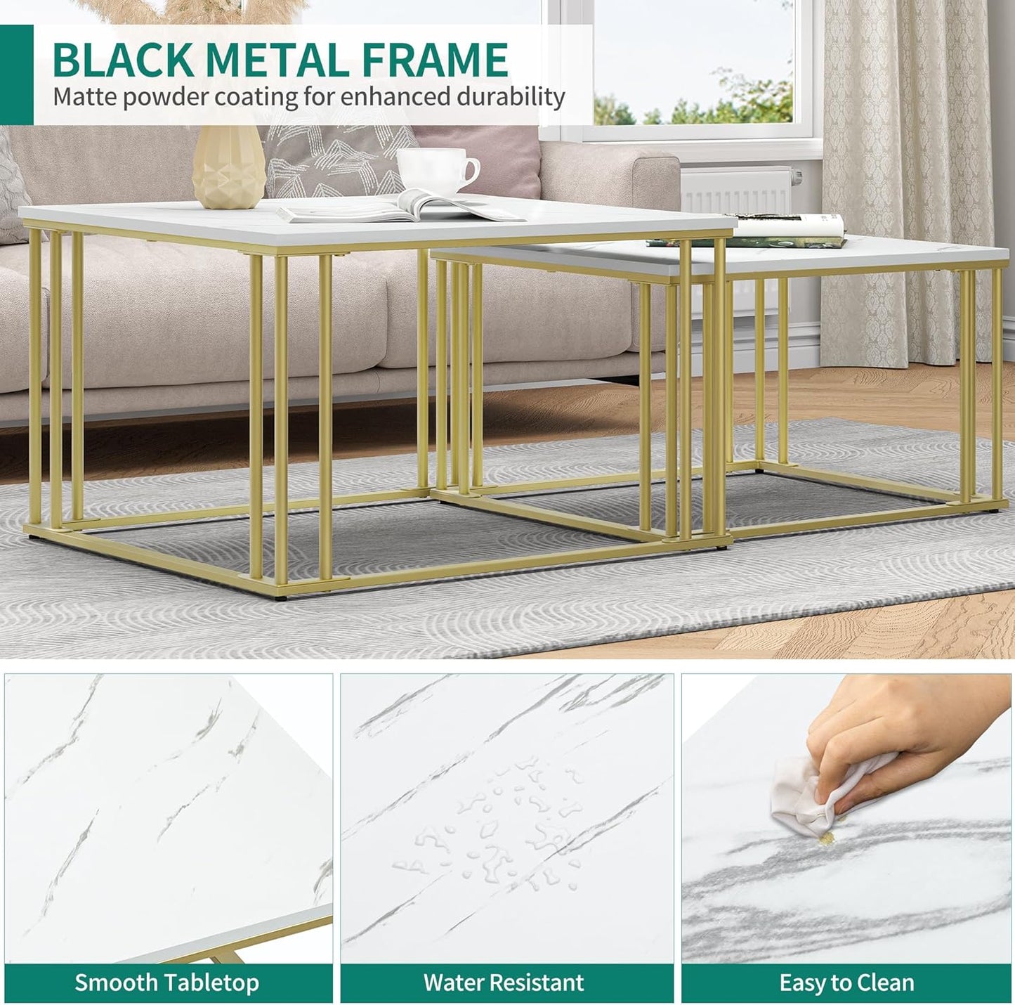 YITAHOME Modern Coffee Table Set of 2 for Living Room, White Grey Round Wooden Coffee Tables, Cocktail Tables, Side Table with Sturdy Gold Metal Frame