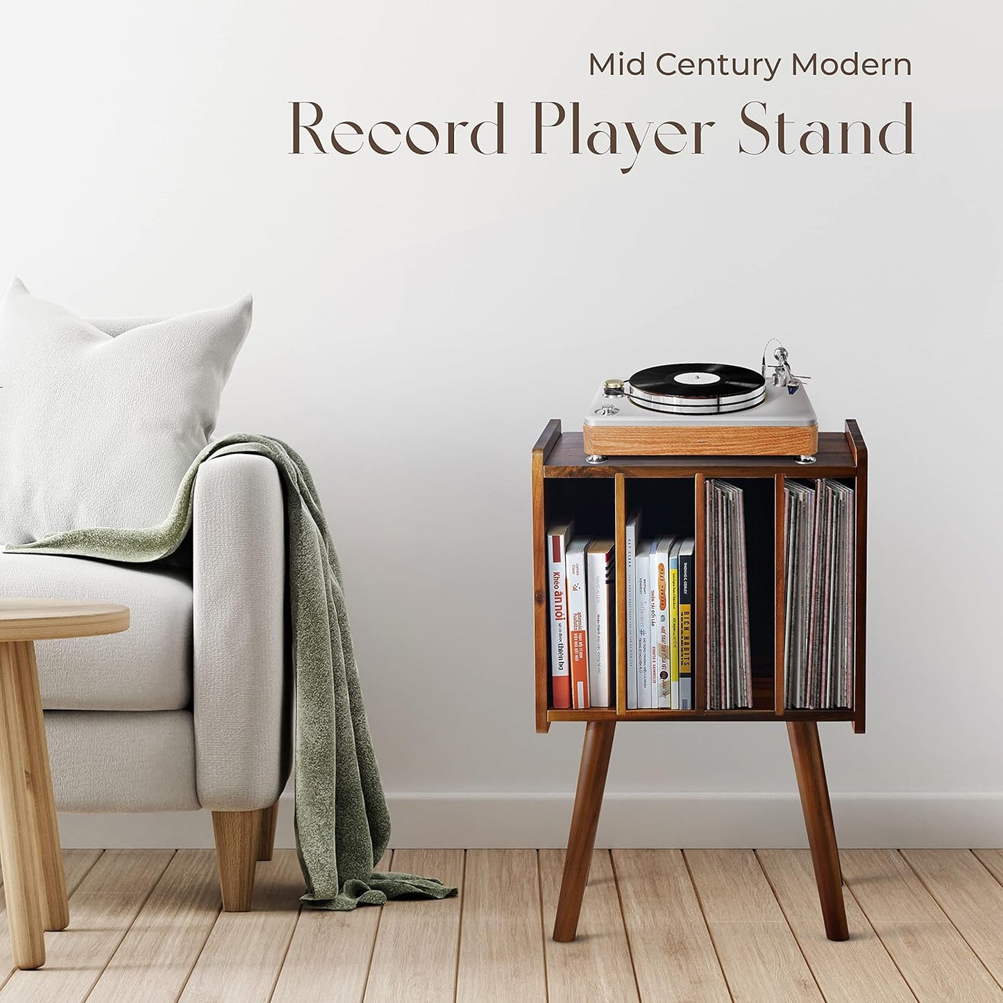 2BHOME Wooden Record Player Stand, Vinyl Record Storage Holder Table with 4 Cabinets, Holds up to 100 LPs, Metal Vinyl Record Organizer Stand, Classical Design for Files/Book (Mid-Century Modern)