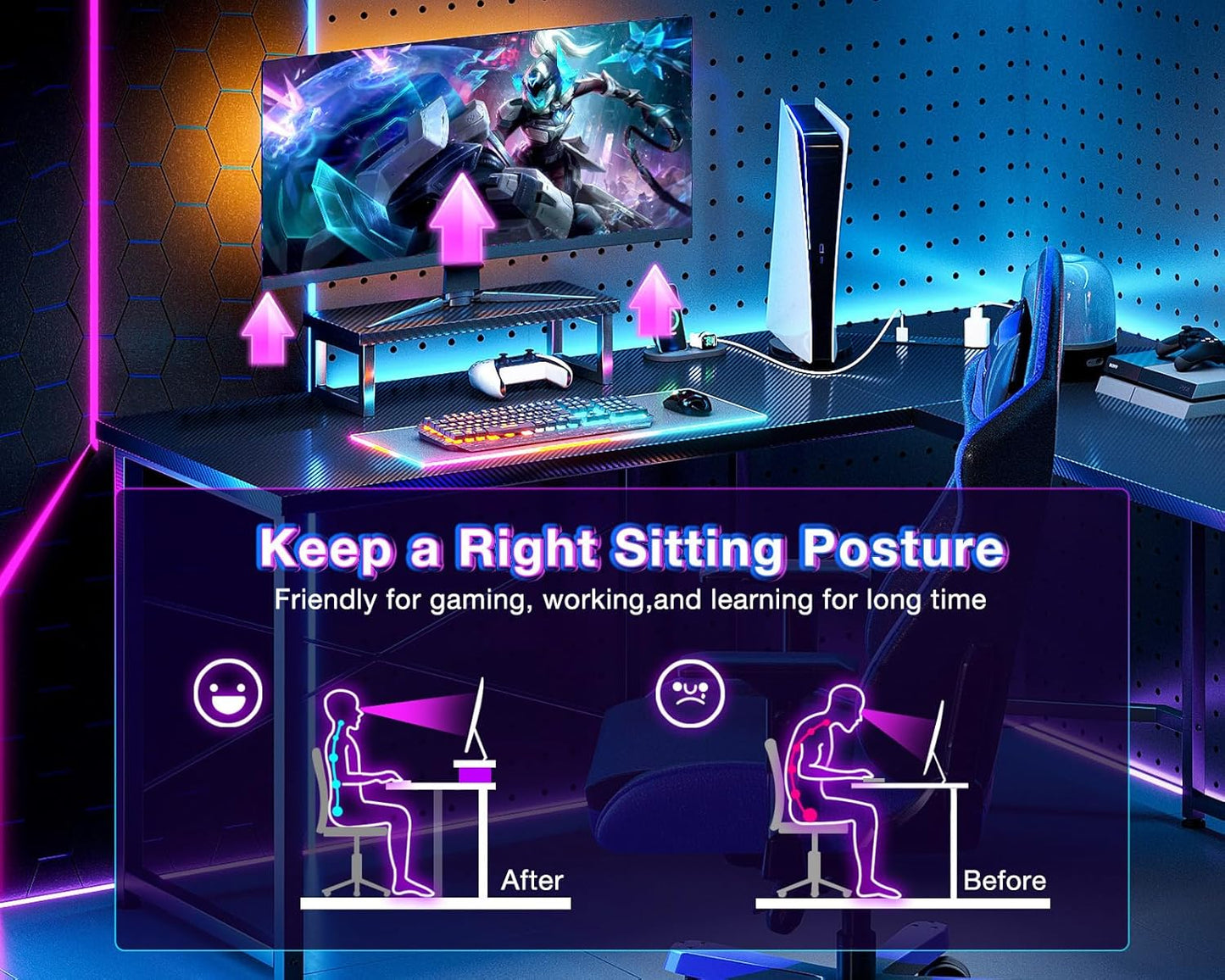 ODK L Shaped Gaming Desk, 51 Inch Computer Desk with Monitor Stand, PC Gaming Desk, Corner Desk Table for Home Office Sturdy Writing Workstation, Carbon Fiber Surface, Black