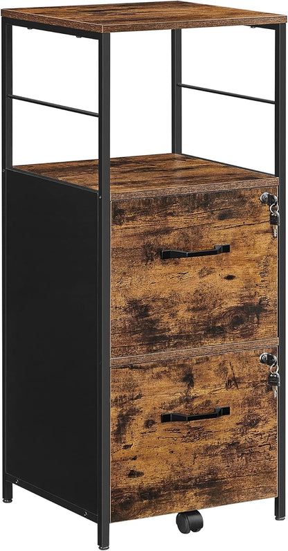 VASAGLE File Cabinet for Home Office, Filing Cabinet with 2 Drawers, Open Shelf, Steel Frame, A4 and Letter Sized Files, Printer Stand, Adjustable Feet, Industrial, Rustic Brown and Black UOFC045B01