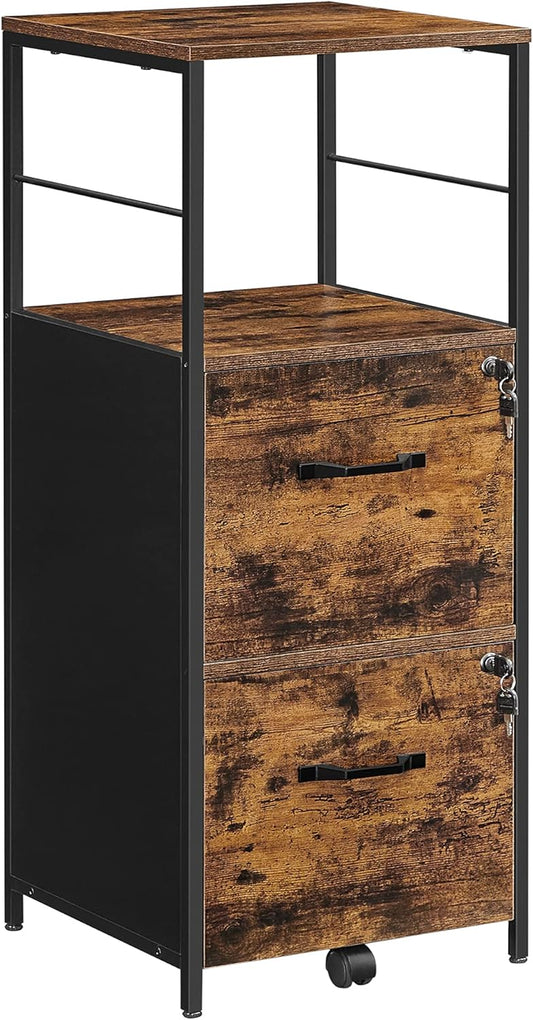 VASAGLE File Cabinet for Home Office, Filing Cabinet with 2 Drawers, Open Shelf, Steel Frame, A4 and Letter Sized Files, Printer Stand, Adjustable Feet, Industrial, Rustic Brown and Black UOFC045B01