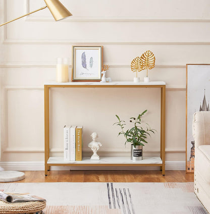 loglus Console Table for Entryway, Faux Marble MDF Sofa Table with Golden Frame (Double Layer,Single Layer, White Marble)