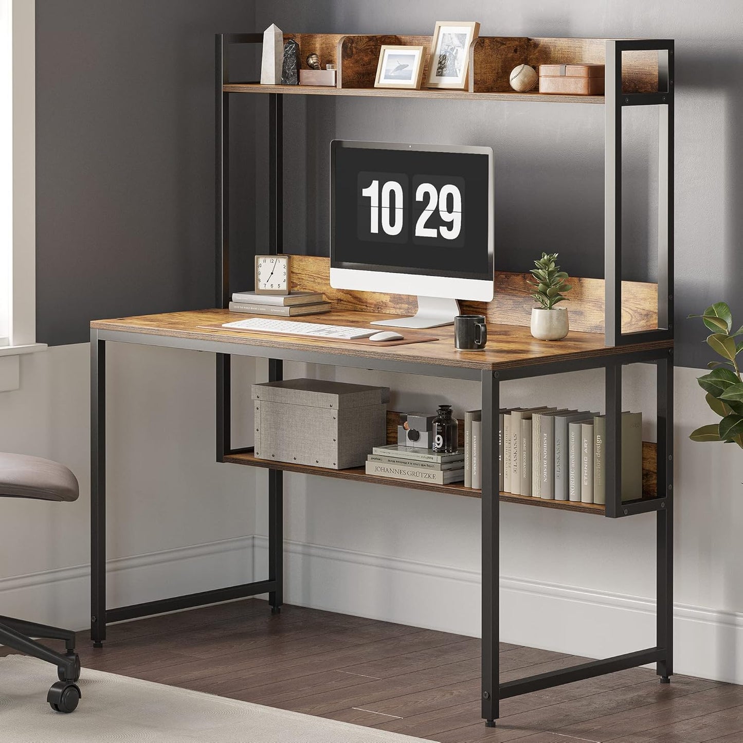 CubiCubi Computer Desk with Hutch and Storage Shelves, 47 Inch Home Office Desks with Bookshelf, Modern Office Writing Desk, Brown