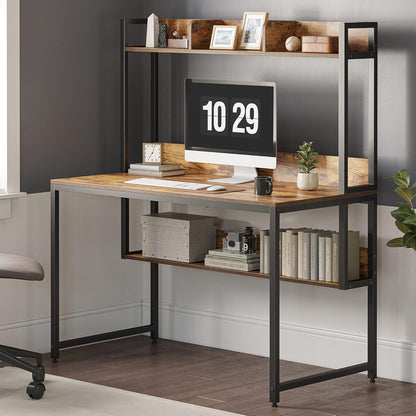 CubiCubi Computer Desk with Hutch and Storage Shelves, 47 Inch Home Office Desks with Bookshelf, Modern Office Writing Desk, Brown