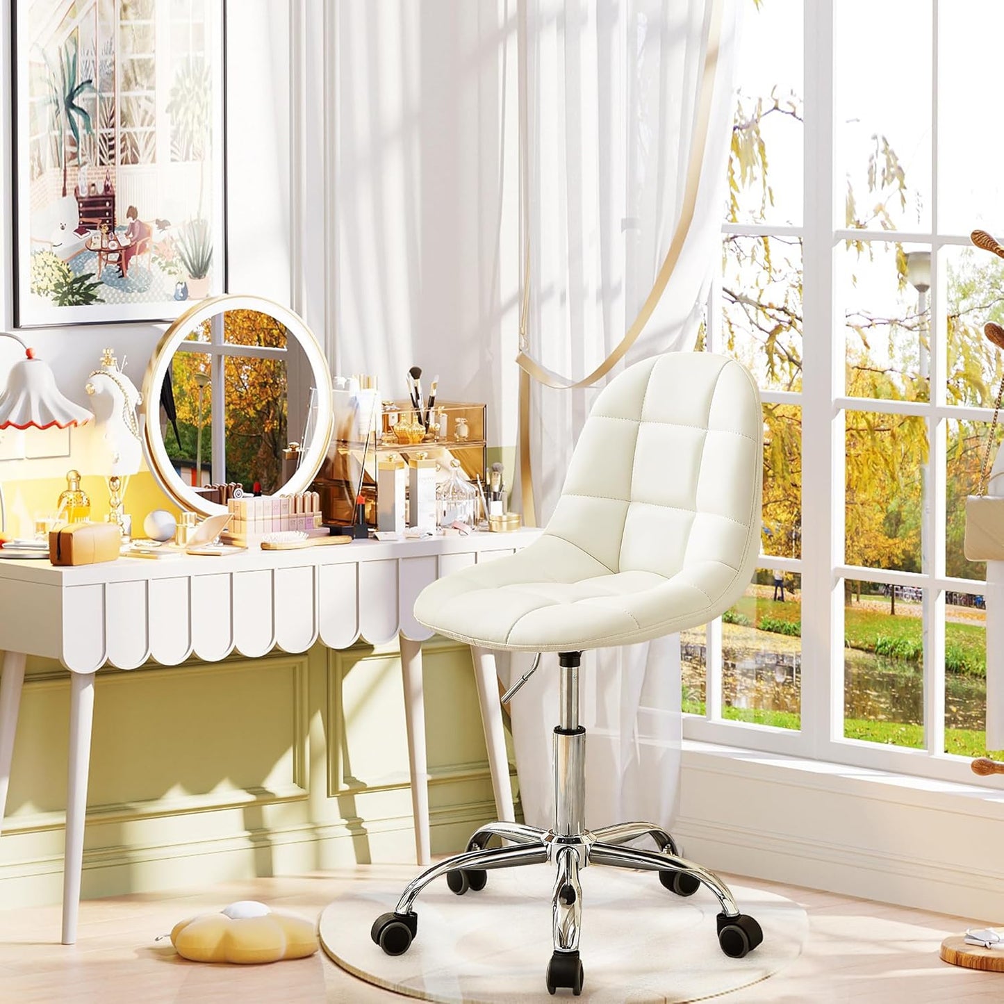VECELO Armless Home Office Desk Chair, Height Adjustable, PU Leather 360 Degree Swivel with Wheels, Stylish Casual Vanity Seat for Study, Work, Makeup, Leisure, Weight up to 330 Lbs, White