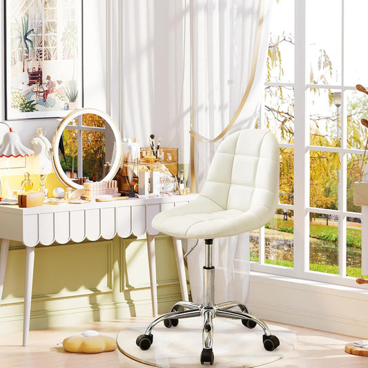 VECELO Armless Home Office Desk Chair, Height Adjustable, PU Leather 360 Degree Swivel with Wheels, Stylish Casual Vanity Seat for Study, Work, Makeup, Leisure, Weight up to 330 Lbs, White