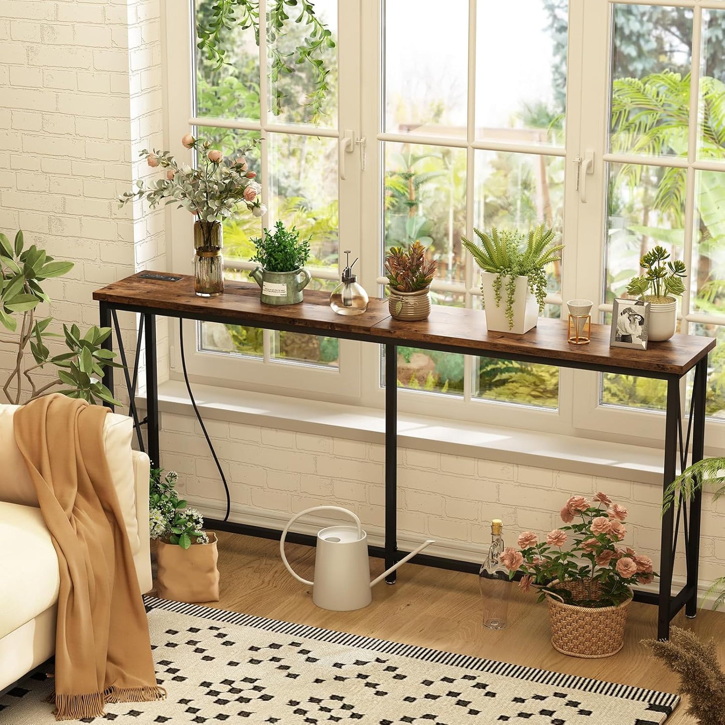 SUPERJARE 70.9 Inch Console Table with 2 Outlet and 2 USB Ports, Extra Long Entryway Table with Metal Frame and X-Shaped Design, Narrow Sofa Table for Living Room and Hallway - Rustic Brown