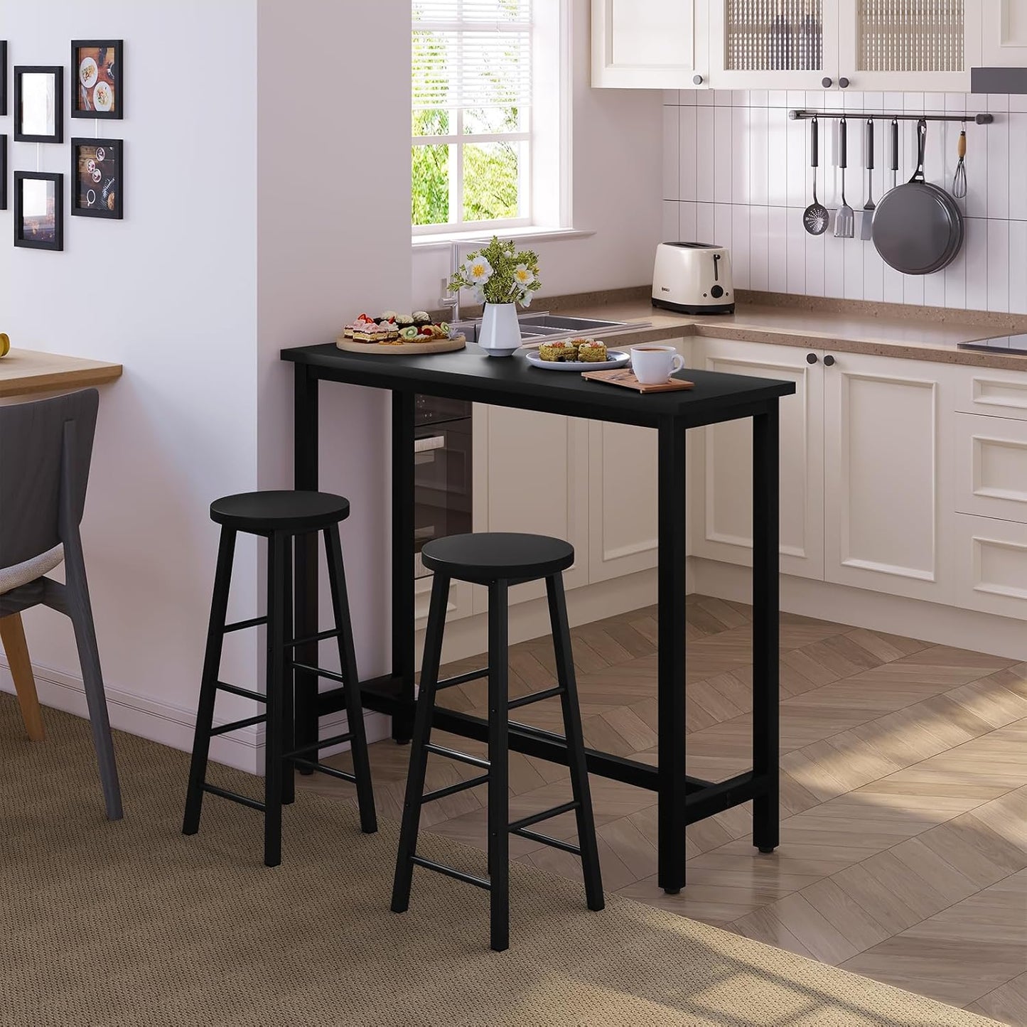 WOLTU Kitchen Bar Table Counter Breakfast Dining Table Black Coffee Table Metal Legs with Footrest for Kitchen Dining Room Conservatory Patio