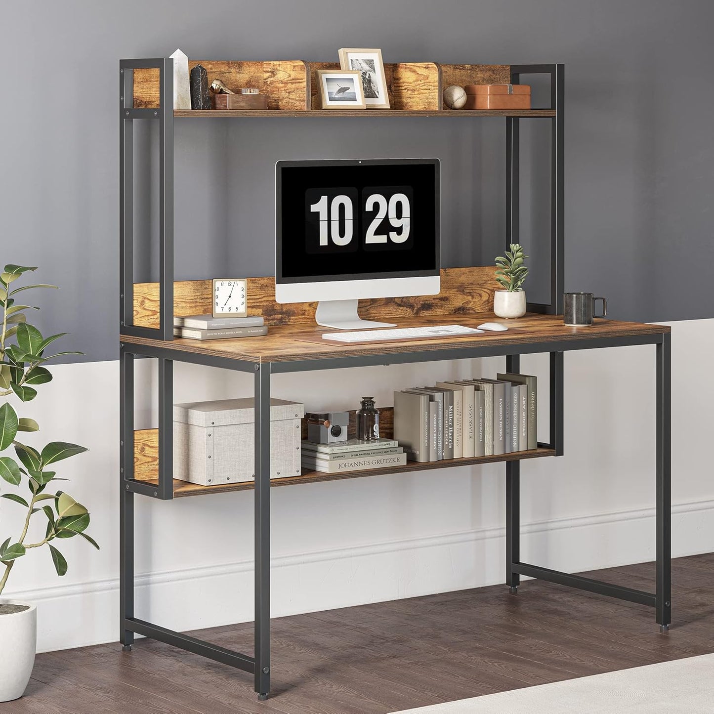 CubiCubi Computer Desk with Hutch and Storage Shelves, 47 Inch Home Office Desks with Bookshelf, Modern Office Writing Desk, Brown