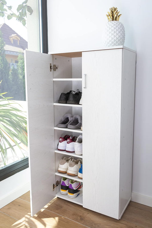 DUPI Shoe Cabinet Bookcase with Two Doors | Minimalist Design | 5 Shelves for 24 Shoes | MDF Wood | White Shoe Rack for Narrow Entrance, White, 60 x 32.5 x 124 cm